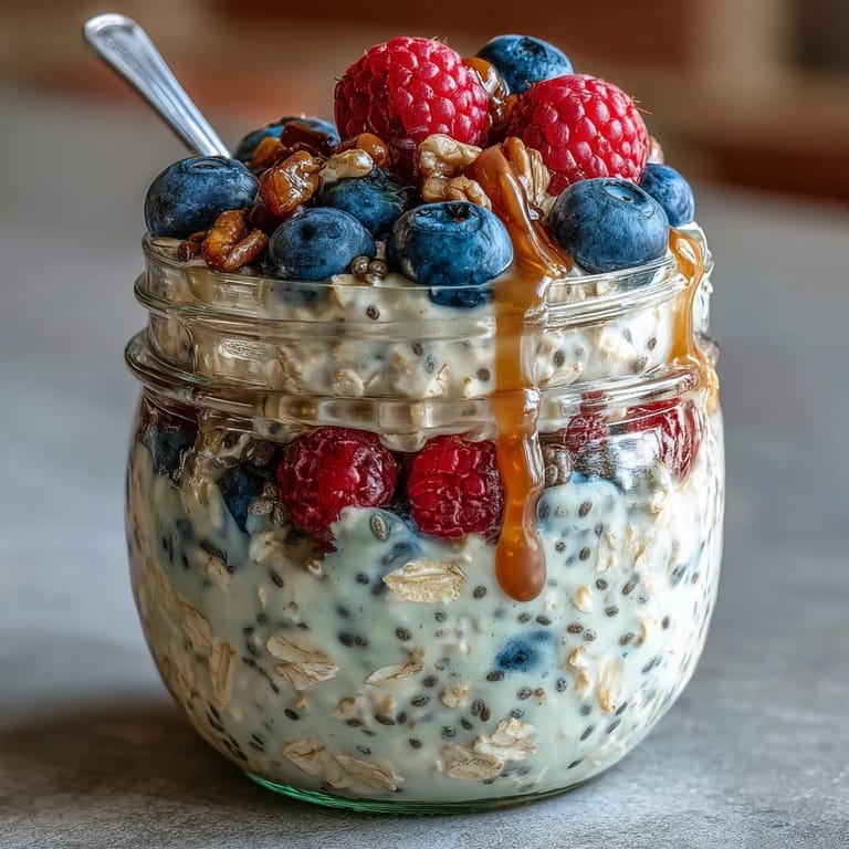 Creamy high fiber overnight oats with chia, flax, and berries topping.