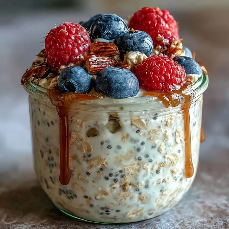 Enjoy hearty high fiber overnight oats, plump with berries, ready to eat.