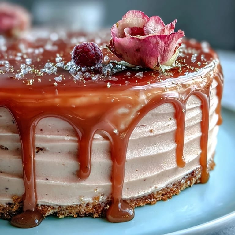 Decadent rosé velvet cake for bridal showers, adorned with shimmering gold chocolate drip.