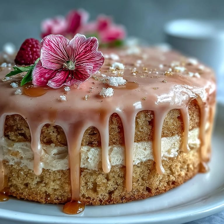 Slice of blushing rosé velvet cake, ready for a festive celebration with gold accents.