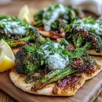 Roasted Harissa Broccoli piled onto warm flatbreads topped with Greek yogurt and cilantro.