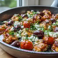 Platter of Mediterranean Keto Ground Chicken Skillet with Olives and Feta, garnished with fresh parsley and served warm.
