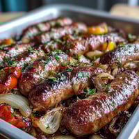 Sheet Pan Sausage and Peppers sizzling on a tray with colorful bell peppers and caramelized onions.  