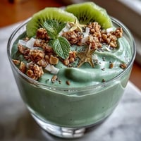 Vibrant green shamrock protein smoothie bowl with spinach, avocado, and kiwi, topped with granola and mint for a festive St. Patrick's Day breakfast.