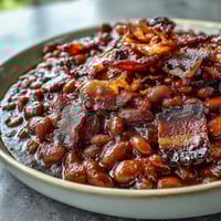 1. Summer BBQ baked beans with brown sugar and bacon in a cast iron skillet, bubbling with sweet and smoky sauce.