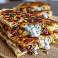 Festive Cinco de Mayo Street Corn Quesadillas with smoky chipotle crema and melted Monterey Jack cheese, perfect for celebrating.