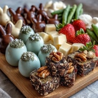 Spring Charcuterie: Mini Easter Basket Treat Board with vibrant cheeses, cured meats, and pastel sweets arranged in festive mini baskets.