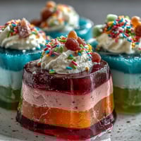 Rainbow Jello Cups for Kids with colorful, fruity layers and fluffy whipped cream topping.