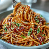Vibrant gochujang butter pasta with silky sauce coating tender spaghetti strands, garnished with sesame seeds and green onions.