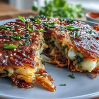 Crispy Cabbage Kimchi Pancakes sizzling in a skillet, golden brown and crunchy with tangy fermented cabbage.  