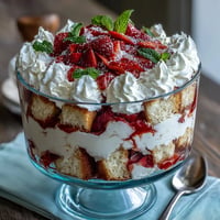 Beautiful layers of vanilla cake, whipped cream, and fresh strawberries in a glass trifle dish.