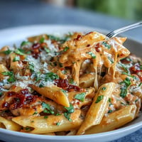 Creamy pink sauce pasta with penne, tomato, and parmesan, garnished with fresh basil for a rich, comforting meal.