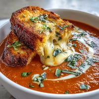 Creamy tomato basil soup with grilled cheese croutons, topped with fresh basil and served steaming hot.  