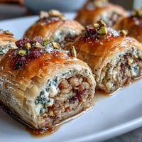 Golden pistachio baklava rolls with crispy phyllo layers, filled with crushed pistachios and drizzled with fragrant orange blossom syrup.