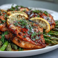 Juicy lemon herb chicken nestled with tender asparagus on a sheet pan.